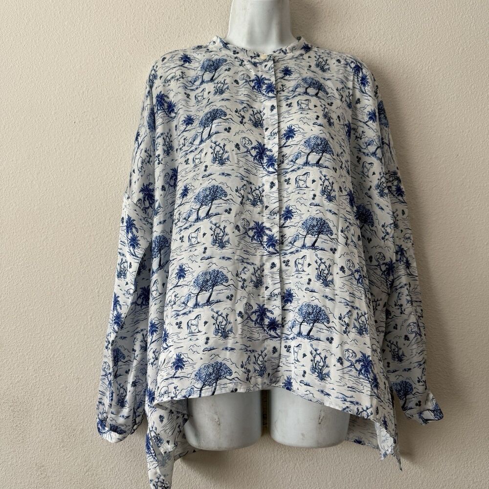 KOCH Blue White Toile Horse Print Blouse Top XS Coastal Western Equestrian USA